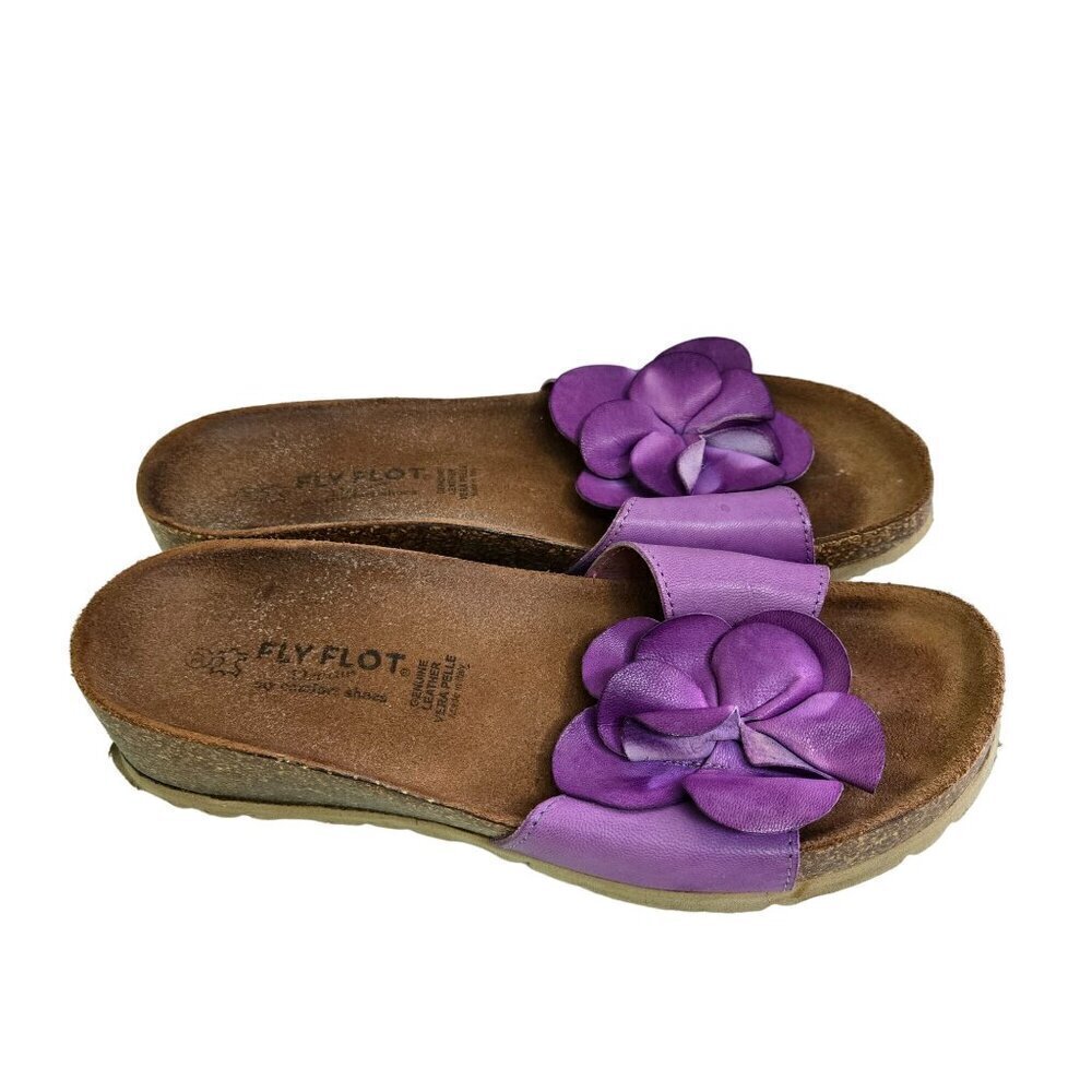 Fly Flot Purple Leather Flower Slides Made In Italy Size 37